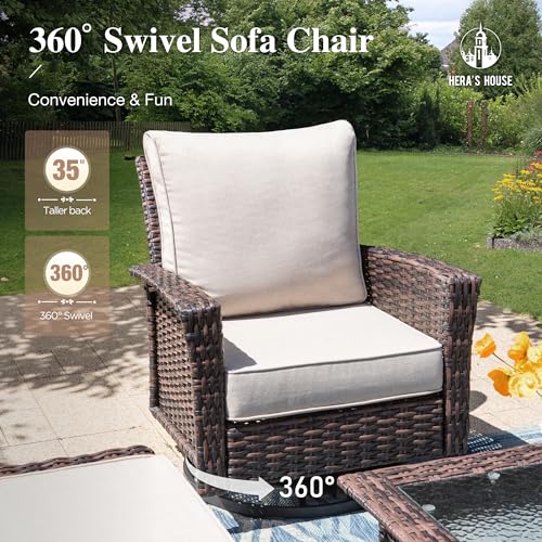 HERA'S HOUSE High Back Patio Furniture Set with Swivel Chairs, Outdoor Wicker Conversation Sets with 5.5" Comfy Cushions, 4 Piece Outside Sofa Sets