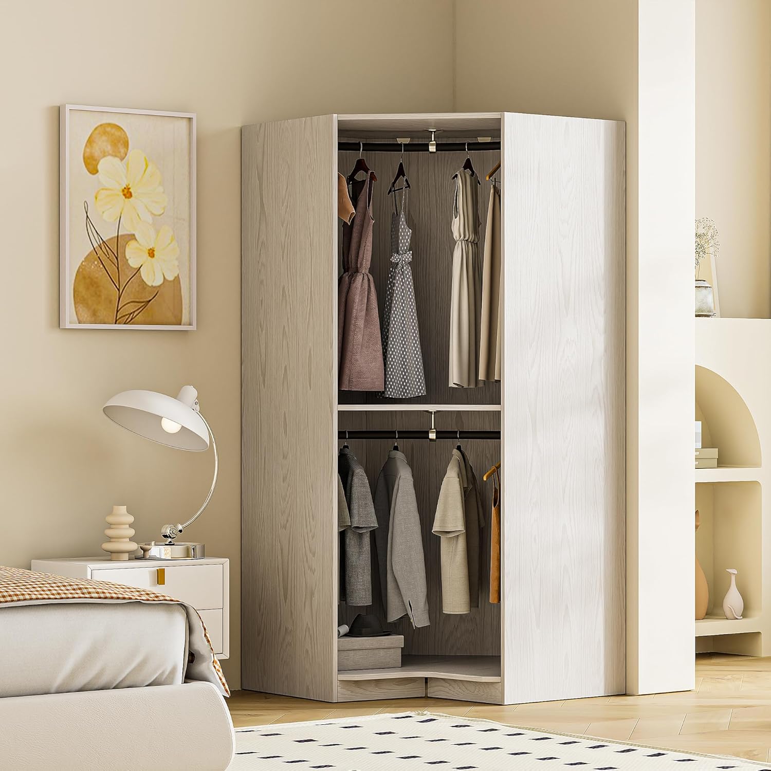 Corner Wardrobe Closet with 2 Hanging Rails and Shelves, Open Style Wooden Clothes Storage Cabinet for Bedroom Office, Polygon Design
