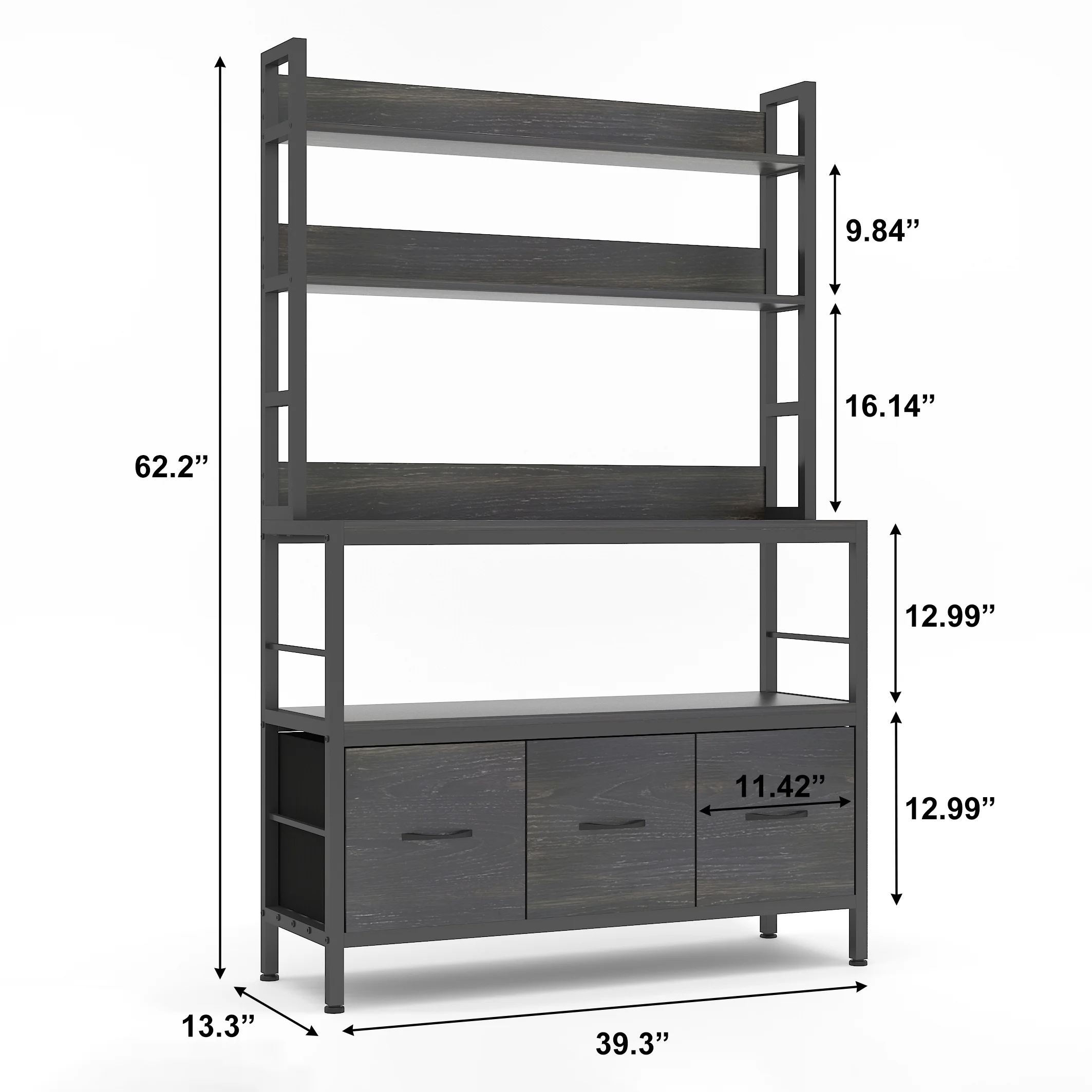 NAIYUFA Bakers Rack 5-Tier Wood Kitchen Storage Shelf with Baskets and Hooks Industrial Microwave Oven Stand,Black