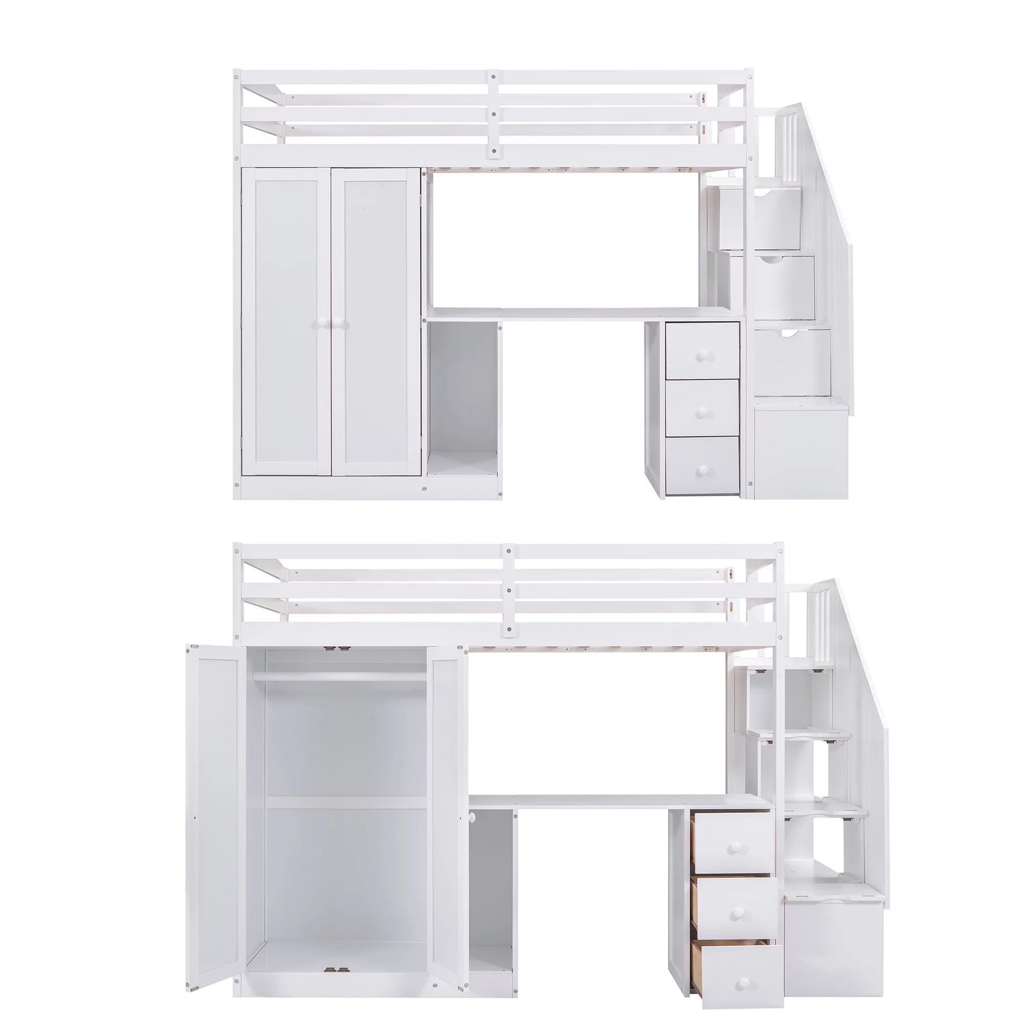 Bellemave Twin Size Loft Bed with Wardrobe and Staircase, Desk and Storage Drawers and Cabinet, Wood All-In-One Loft Bed Frame for Kids, Teens (White)