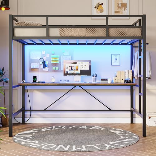 DICTAC Loft Bed with Desk and Led Lights Metal Loft Bed Twin Size with Power Outlet Twin Bed Frame with Top Bunk and Safety Guard & Ladder