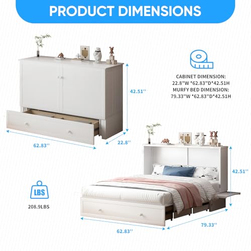 PUREMIND Murphy Bed Cabinet with Mattress Included, Queen Murphy Chest Beds with 2 Storage Drawers, Hideaway Cabinet Bed with USB Charging Station