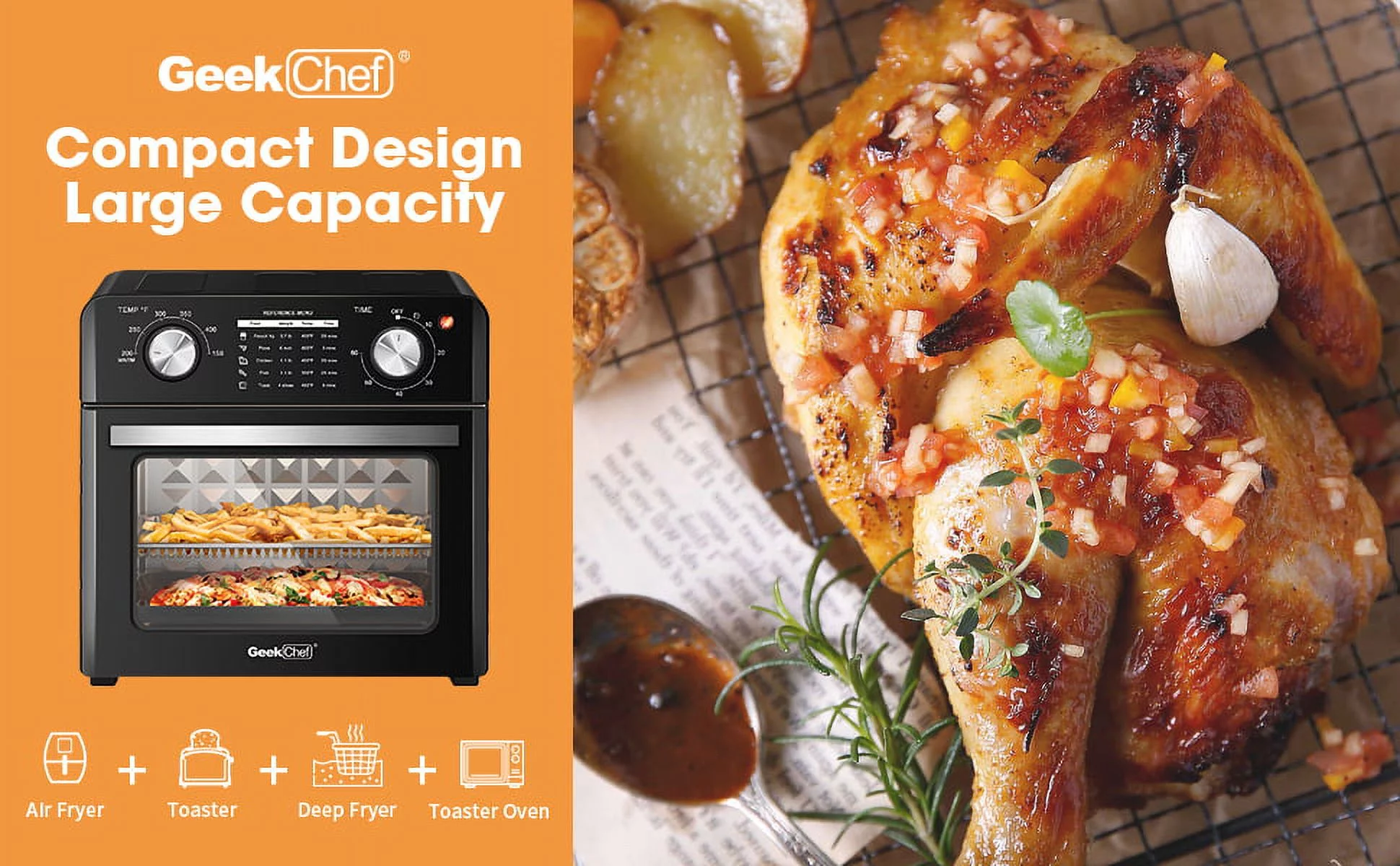 Geek Chef 10QT Air Fryer Toaster Ovens 4 Slice Toaster Large Oilless Cooker Oven Rotisserie Dehydrator Convection Oven Warm Broil Toast Bake Air Fry