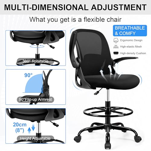 Primy Drafting Chair Tall Office Chair with Flip-up Armrests Executive Ergonomic Computer Standing Desk Chair with Lumbar Support and Adjustable