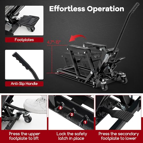 Goplus Motorcycle Lift, 1500 LBS Hydraulic ATV Scissor Jack with Footplates & Long Handle, 2 Ratchet Belts, 4 Wheels, 4.7”-15” Lifting Range