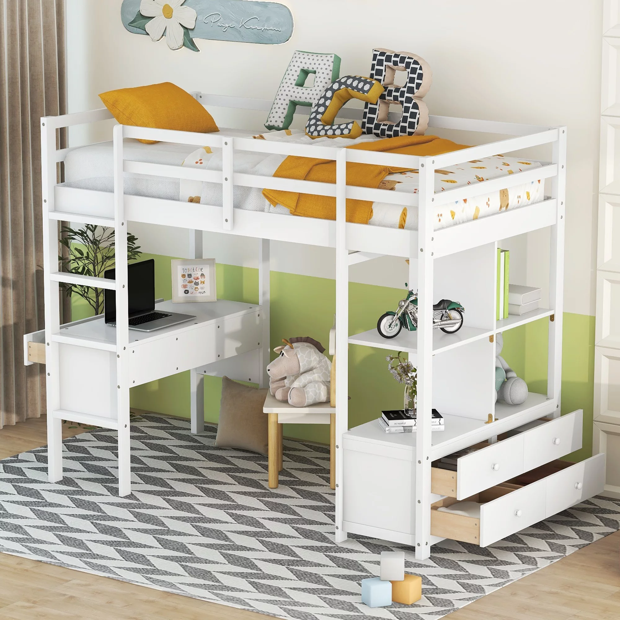 Royard Oaktree Twin Size Loft Bed with Built-in Desk and Storage Shelves with Drawers Wood Loft Bed Frame with Ladder and Guardrails, White