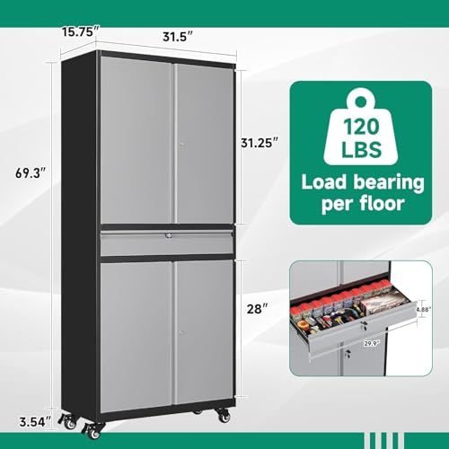 Letaya Metal Garage Storage Cabinet with Drawer,4 Door Tool Cabinet with Lock-2 Adjustable Shelves for Garage Home Office Utility Room (Black)