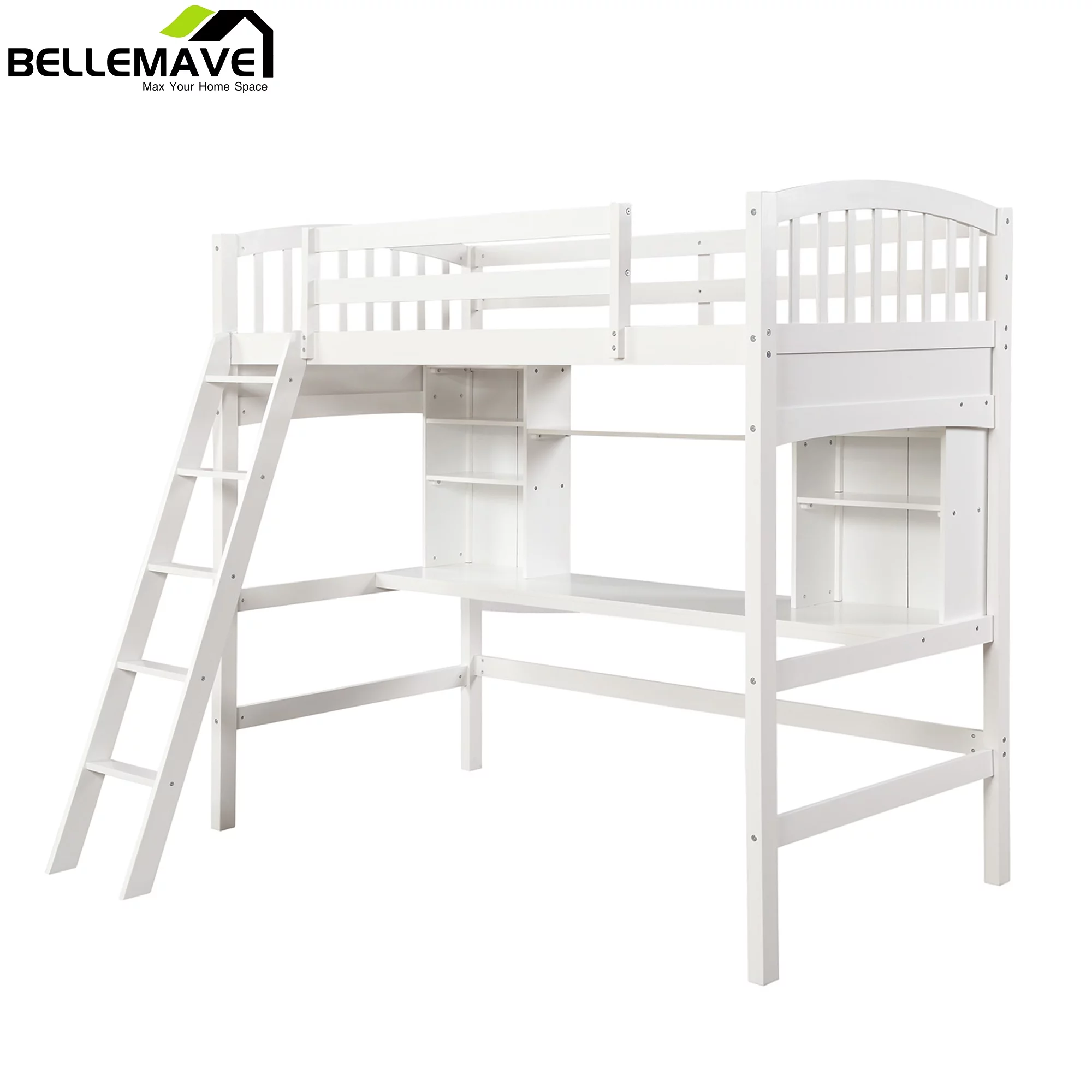 Bellemave Twin Size High Loft Bed with Storage Shelves, Desk and Ladder for Kids Bedroom,Solid Wood Bed frame with Safety Guardrails for Teens
