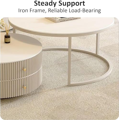 28IN Modern Coffee Tables - Wave Panel & Metal Frame | Nesting Round Coffee Table Set of 2, Dining Table for Home Living Room, Office (Glass)
