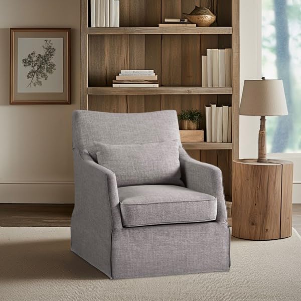 Martha Stewart London Swivel Chair - Solid Wood & Plywood, Skirted Metal Base Accent Armchair