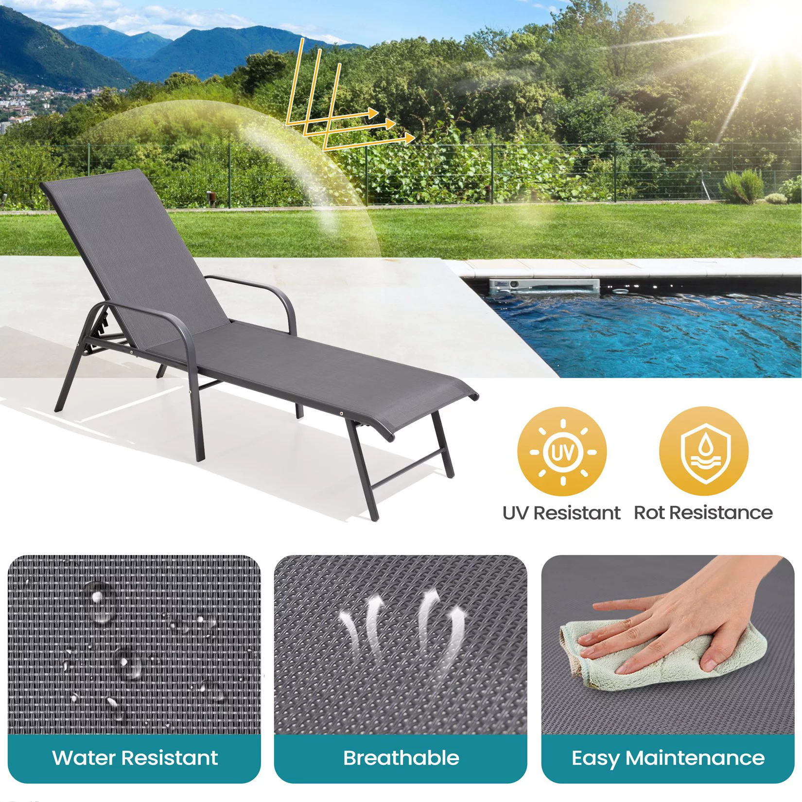 Pellebant Set of 2 Outdoor Chaise Lounge Chairs Aluminum Patio Folding Recliners ,Gray