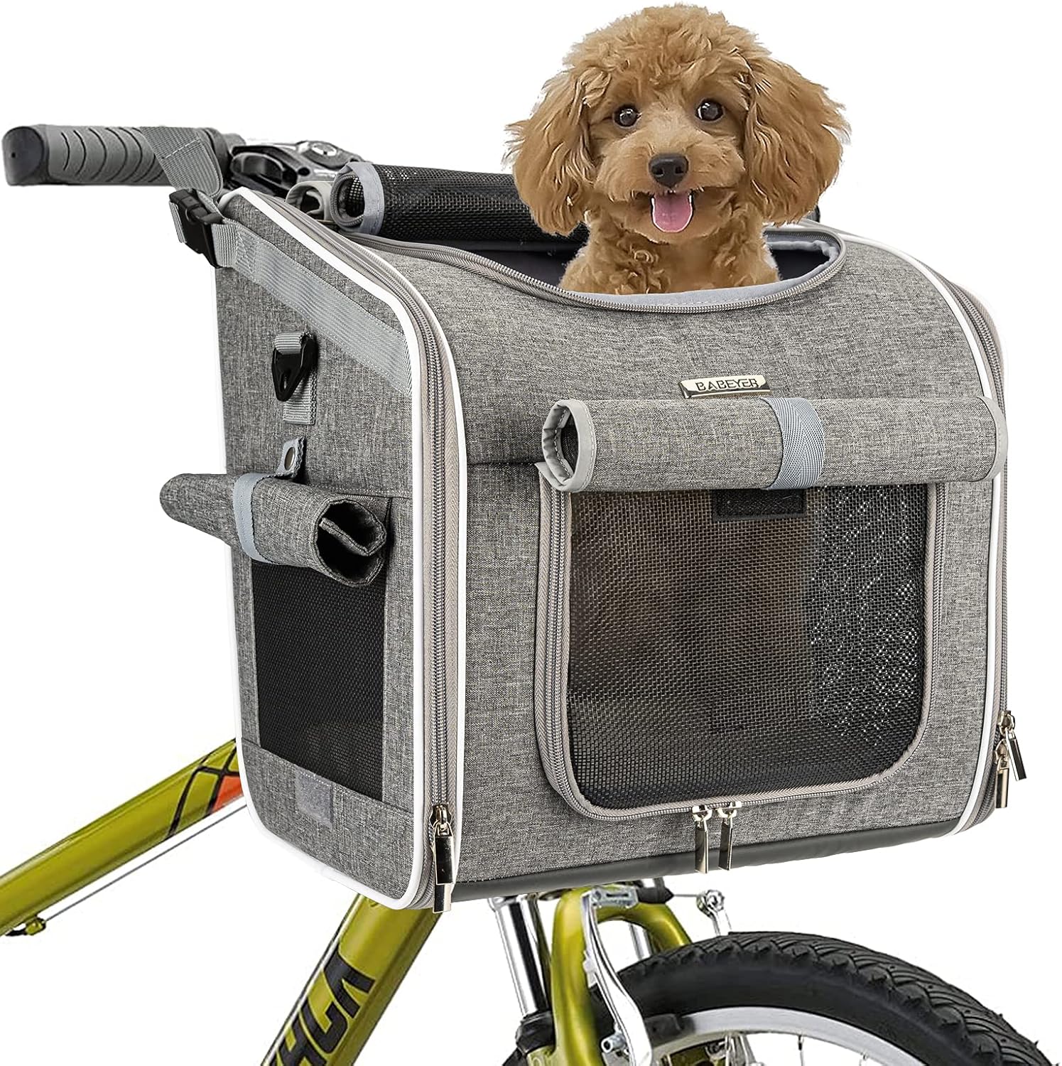 BABEYER Dog Bike Basket, Expandable Soft-Sided Pet Carrier Backpack with 4 Open Doors, 4 Mesh Windows for Medium Dog Cat Puppies