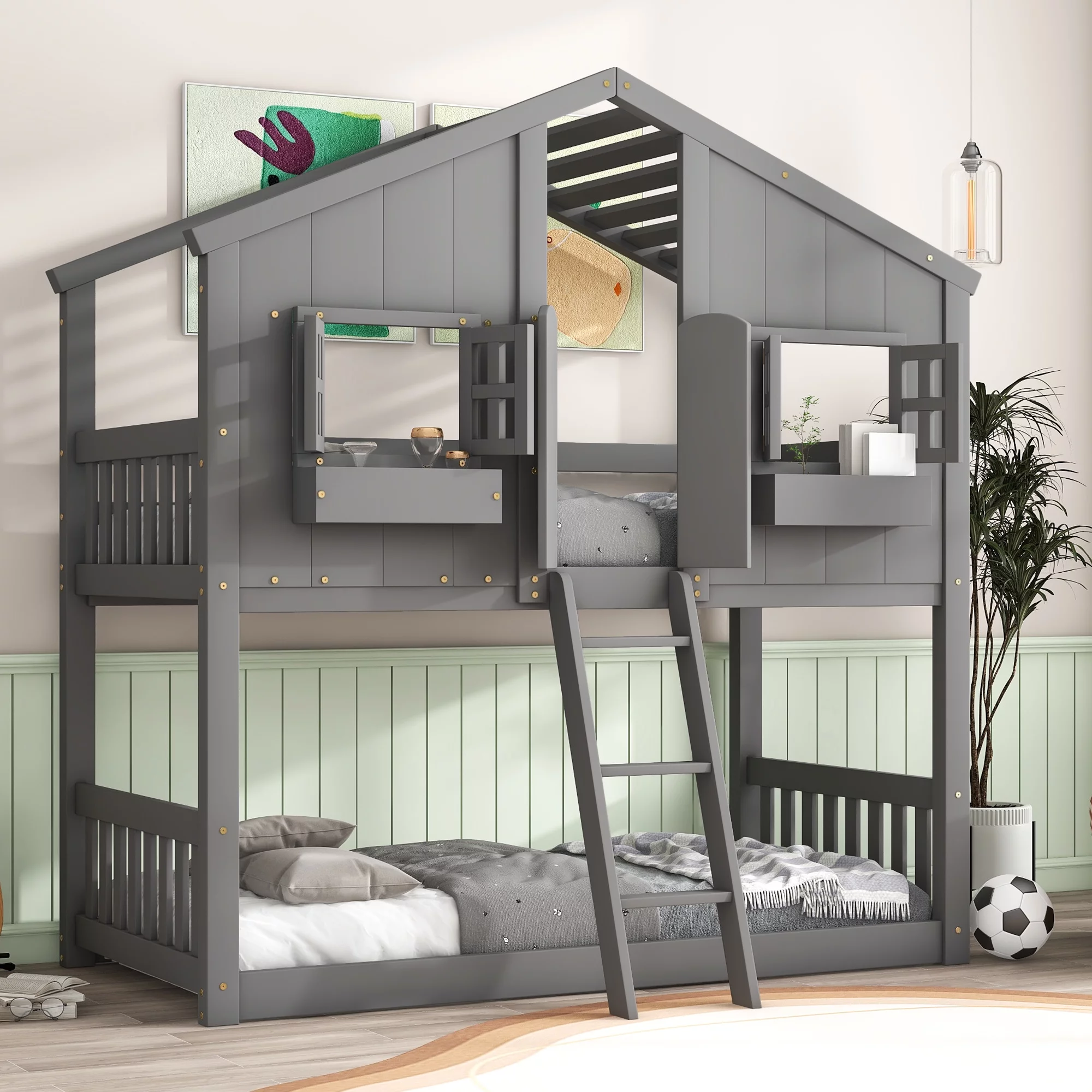 Solid Wood Twin over Twin House Bunk Bed with Roof, Window, Window Box, Door, Ladder and Guard Rail