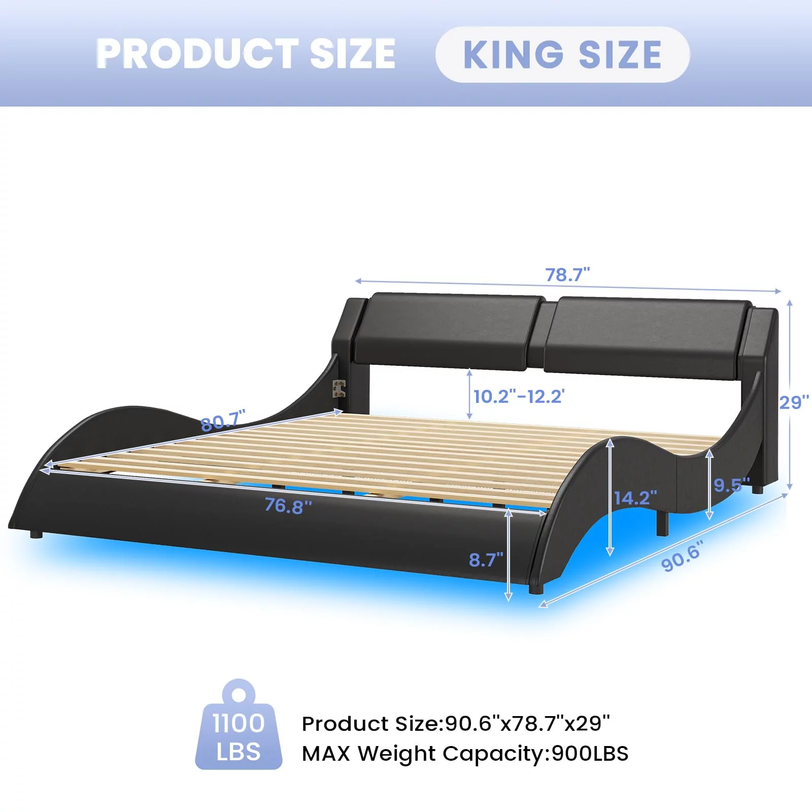King Size Bed Frame with Headboard,Faux Leather Low Profile Platform Bed Frame with RGB LED Lights,Wave Like Curve King Bed,Black