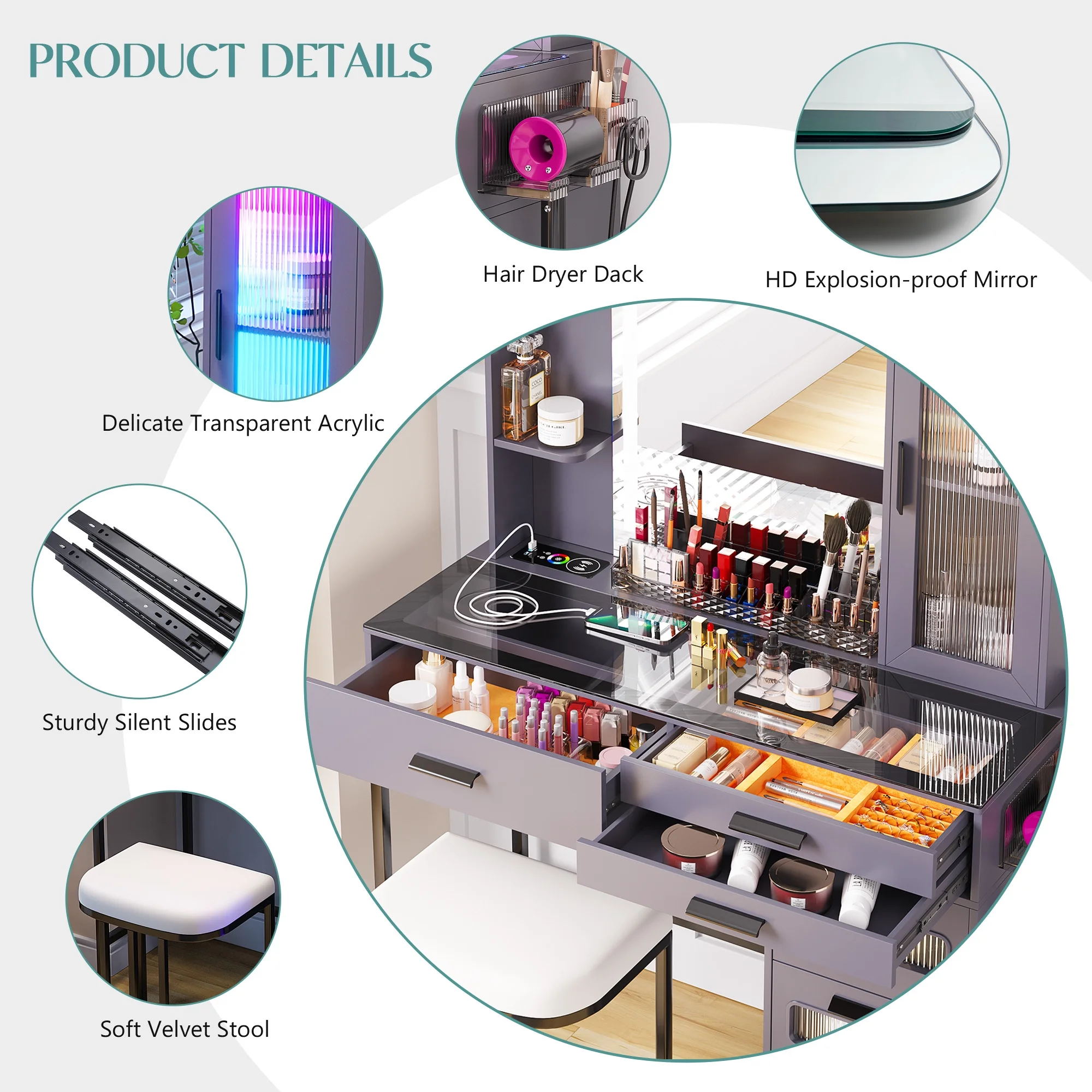 HNEBC RGB Vanity Desk with Lights, Glass Top Makeup Desk with Wireless Charging Station, Dressing Table Set with Stool/6 Drawers