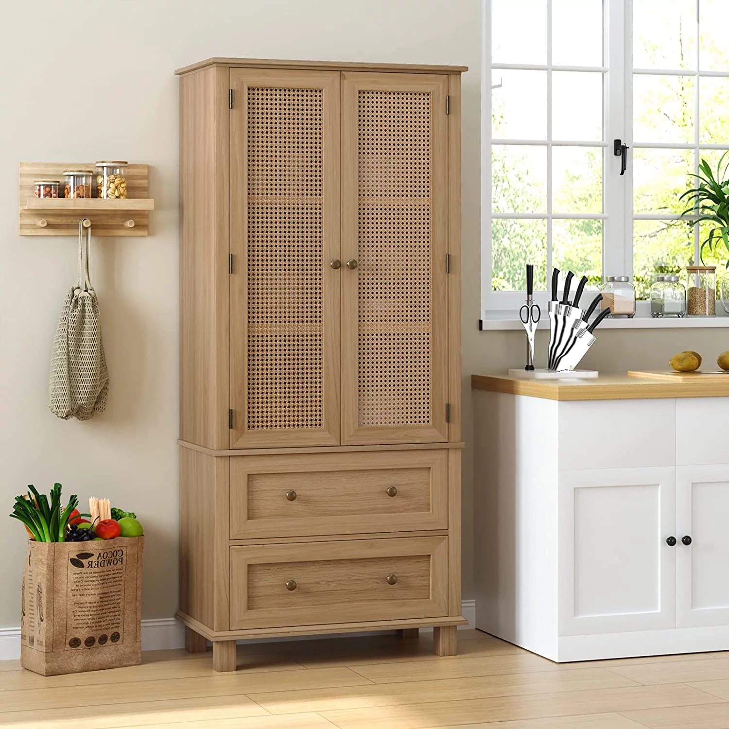 Kitchen Pantry Storage Cabinet, Tall Cabinet with Rattan Doors and 2 Drawers, Freestanding Cupboard with Adjustable Shelves
