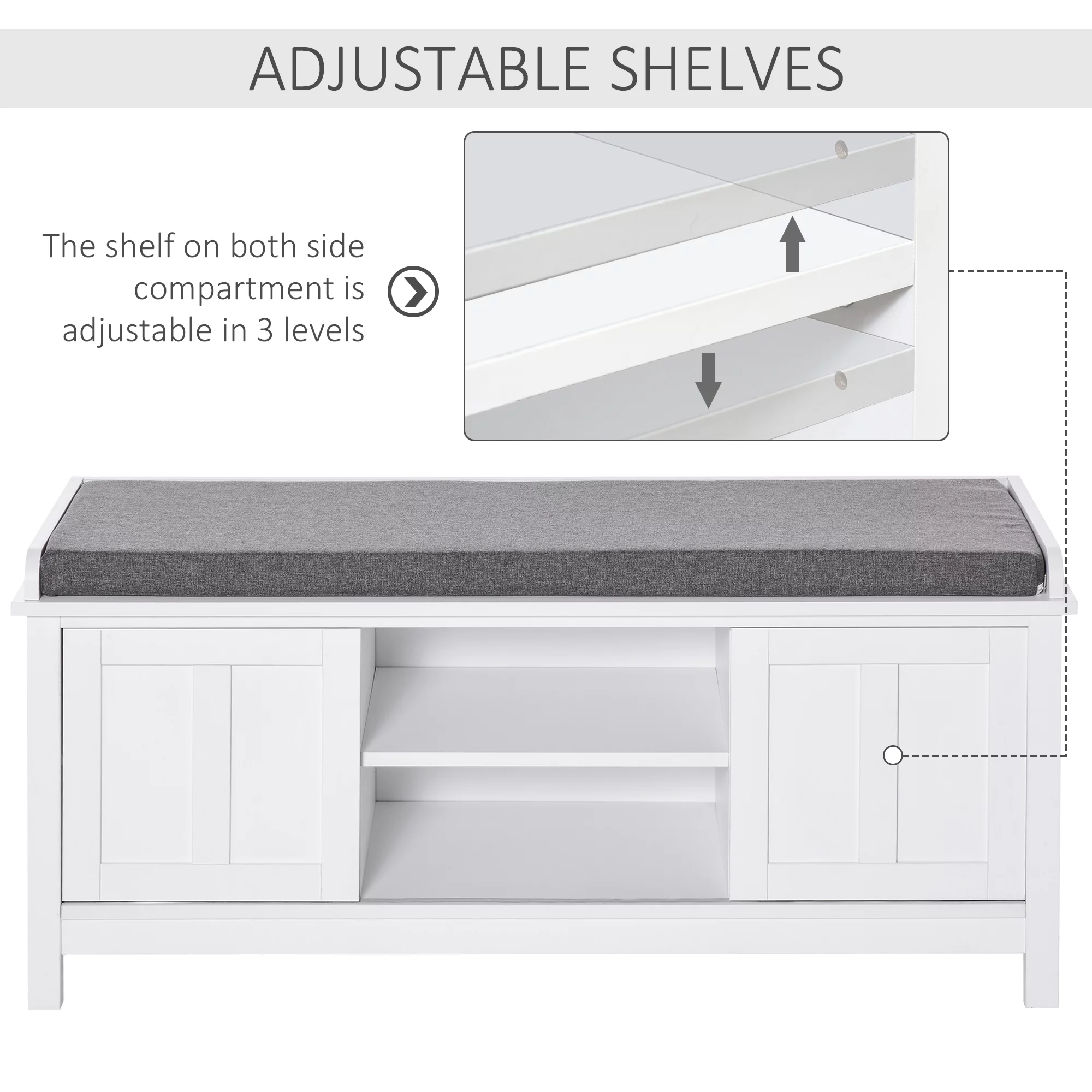HOMCOM Entryway Shoe Bench Storage Ottoman with Sliding Doors, Adjustable Shelving, 6 Compartments, and Padded Seat, Holds 10 Pairs, White/Gray