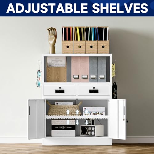 Yizosh Locking Cabinet with 2 Drawers, Metal Storage Cabinet with Locking Doors and Shelves - 41.3" Steel Lockable Storage Cabinet