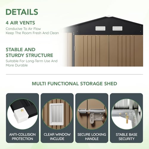 10X12X7.5 FT Outdoor Steel Storage Shed with Lockable Doors, 2 Windows, Transparent Roof Panels (Wood Panels & Frame Floor Not Included)