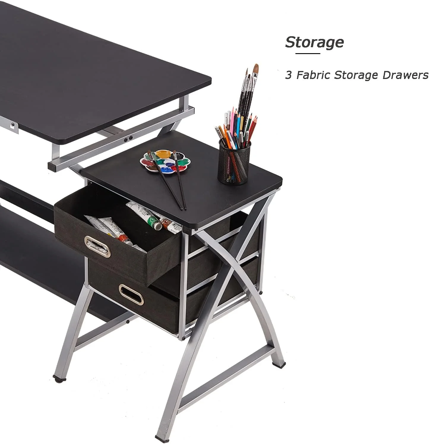 Adjustable Drafting Table For Artists With Stool, Sturdy X-Cross Metal Frame Drawing Table With Storage Drawers, Art Desk With Tilted
