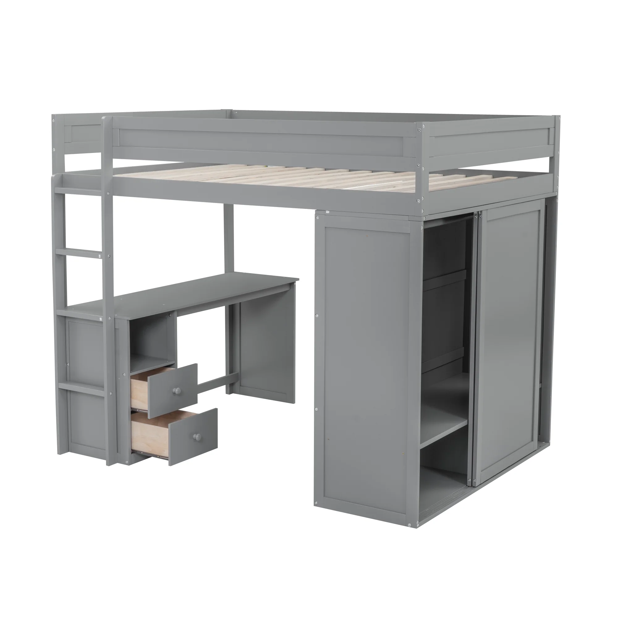 EUROCO Wood Full Size Loft Bed, Storage Desk and Drawers, Wardrobe with Clothes Hanger and Sliding Door for Living Room, Gray - Radiant Selections