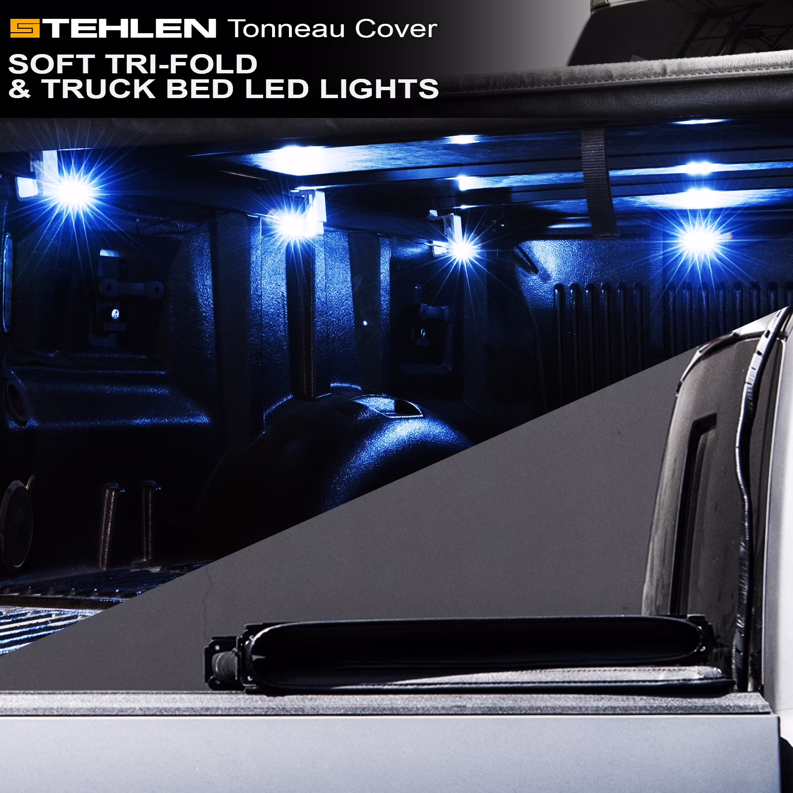 Stehlen 733469490951 Soft Tri-Fold Tonneau Cover with Truck Bed LED Lights For 2014-2018 Chevy Silverado / GMC Sierra 1500 5.8 Feet ( 68" ) Short Bed