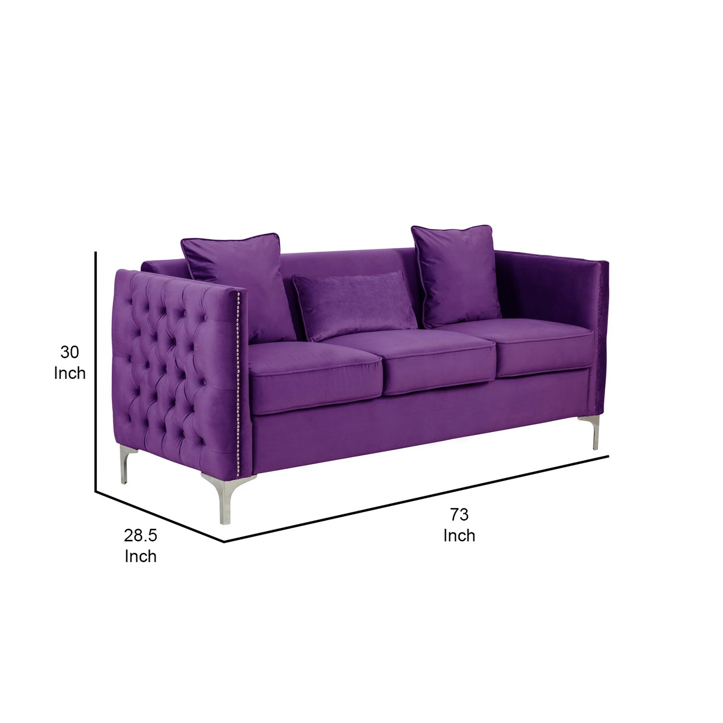 Zion 73 Inch Modern Sofa, Button Tufted Purple Velvet with Nailhead Trim
