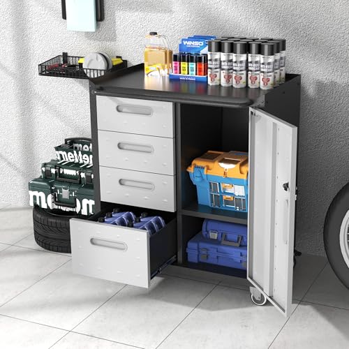 Metal Storage Cabinet with Wheels, Lockable Garage Cabinet with Doors and Shelves, Rolling Tool Storage, Assembly Required, Black
