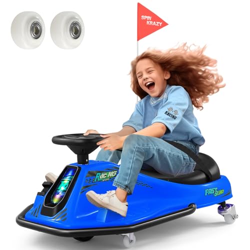360 Degrees Rotating Ride On Drift Car and 2 Replacement Universal Wheels, 24V Electric Drifting Go Kart for Kids W/Brushless Motor, High/Low Speed