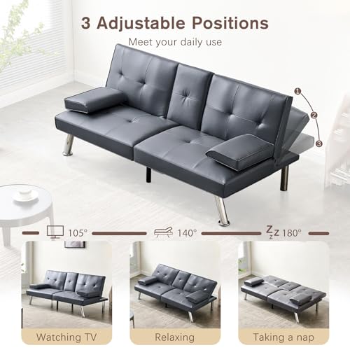 Faux Leather Convertible Folding Futon Sofa Bed with 2 Cup Holders, Sleeper Couch Bed with Removable Armrests, Metal Legs
