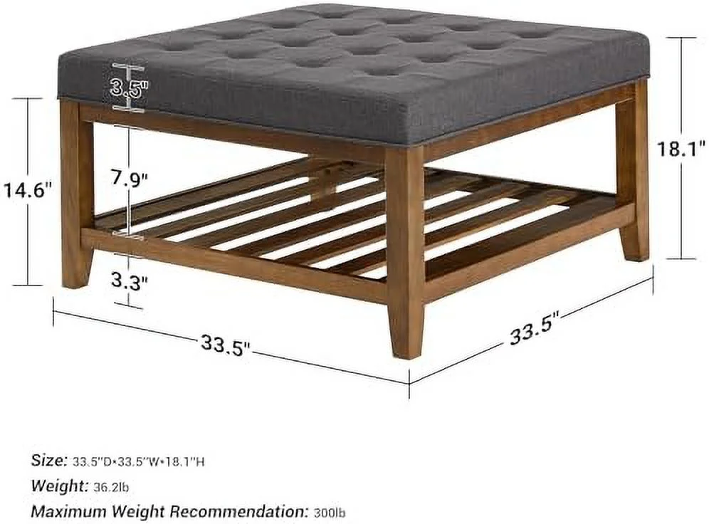 TJUNBOLIFE Square Ottoman Coffee Table with   Button Tufted Upholstered Linen Coffee Table for Living Room  Farmhouse Mid Century Modern Wooden Stool