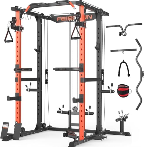 FEIERDUN Multi-Function Squat Rack Power Cage FLA01,2000LBS Capacity Power Rack with Adjustable Cable Crossover System and Additional Attachments