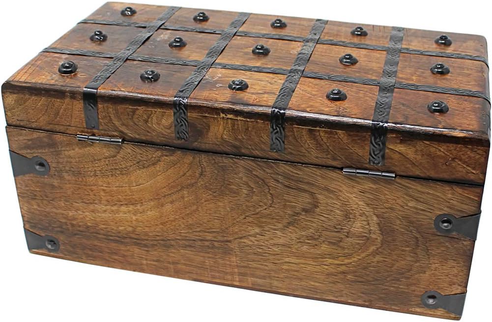 Nautical Cove Treasure Chest Wooden Box with Antique Iron Lock and Skeleton Key - Storage and Decor (Medium 12.25 x 6 x 5.5)