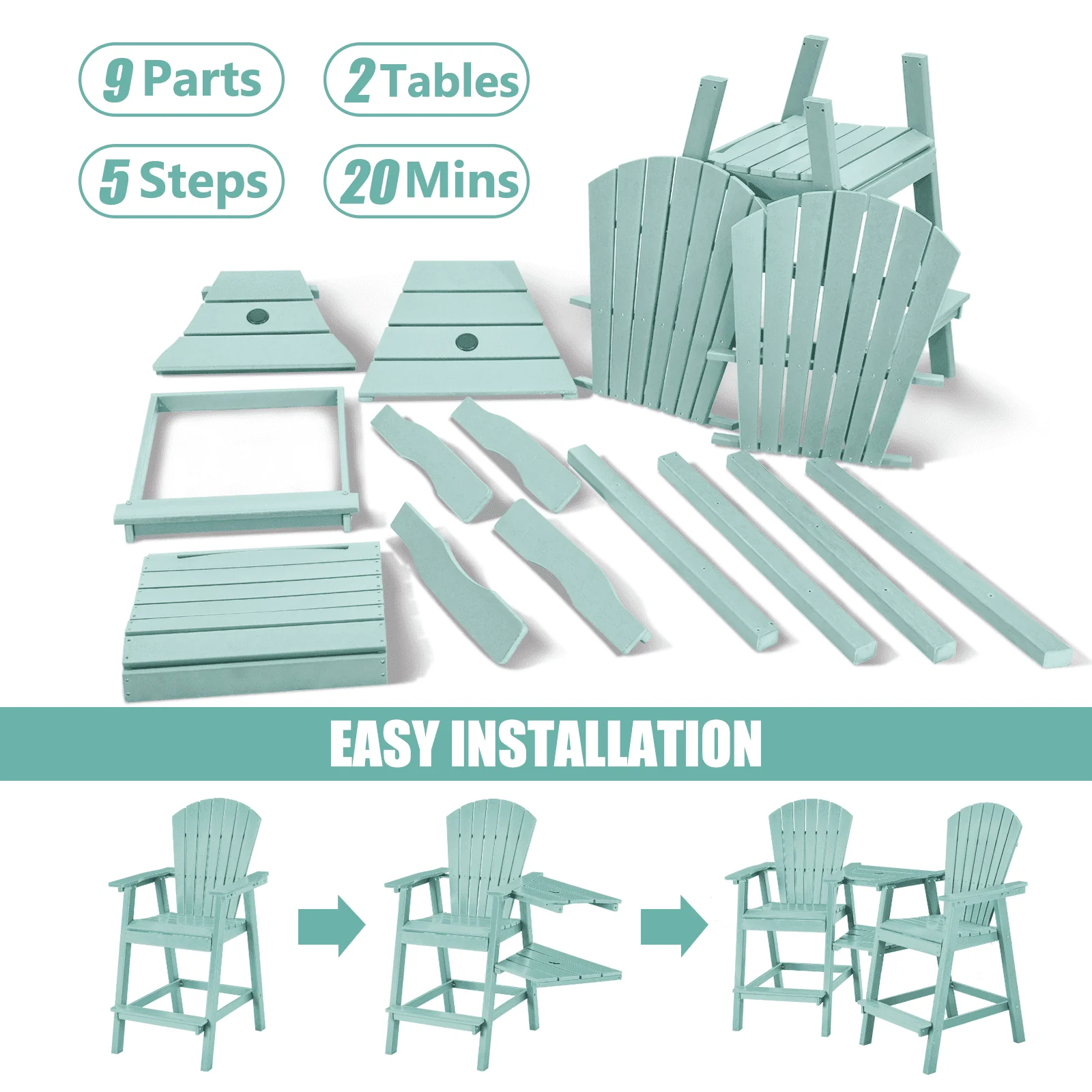 Tall Adirondack Chairs Set of 2 .Outdoor Adirondack Barstools with Double Connecting Tray Patio Stools Weather Resistant for Outdoor Deck Lawn Pool