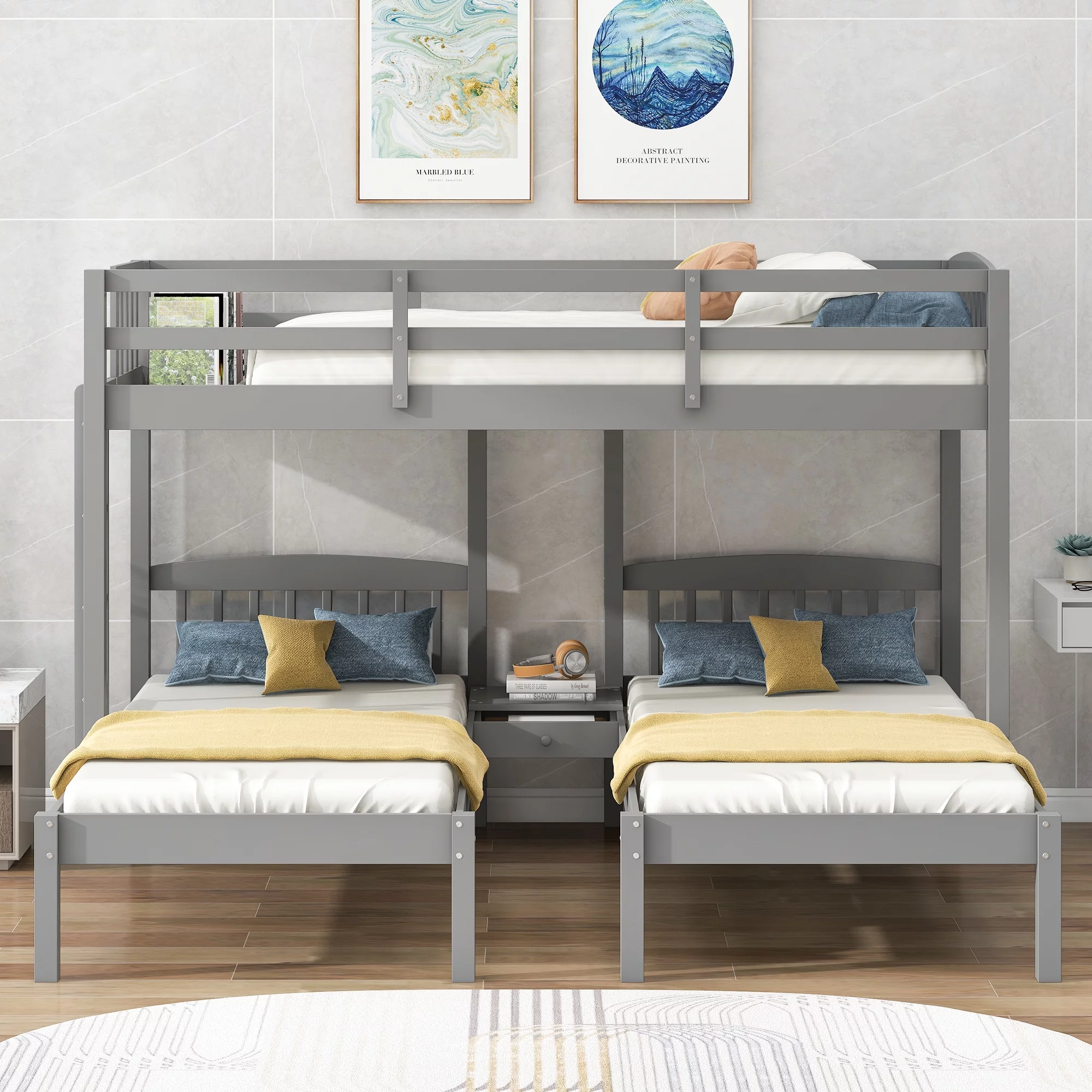 Churanty Triple Bunk Beds 3 Twin Solid Wood Bunk Beds with Guardrail and Ladder