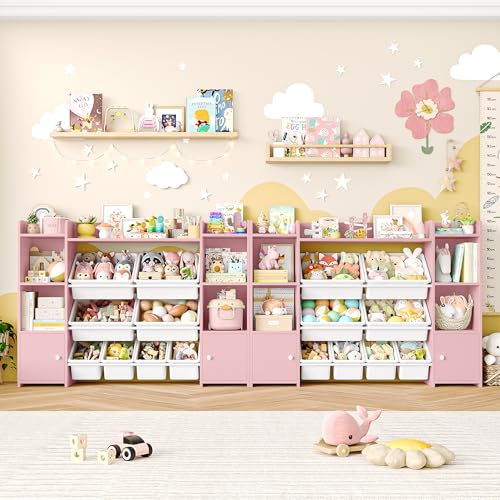FOTOSOK 55''Large Toy Storage Organizer with 8 Toy Bins, Toy Organizers and Storage with Shelf and 6 Storage Cubbies, Bookshelf for Kids