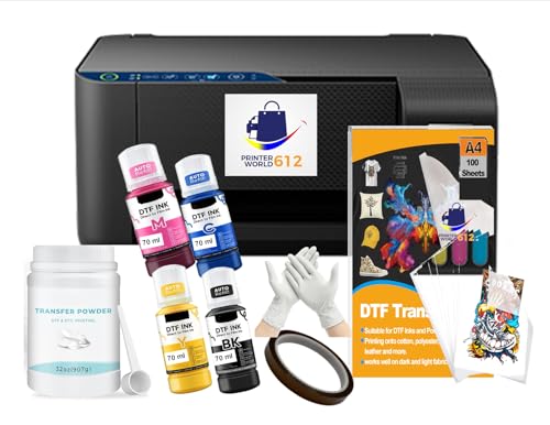 Super-Tank DTF T-Shirt Printer with DTF Ink and Powder Pack for Heat Transfers, Easy Filling, Built-in Scanner and Copier - New