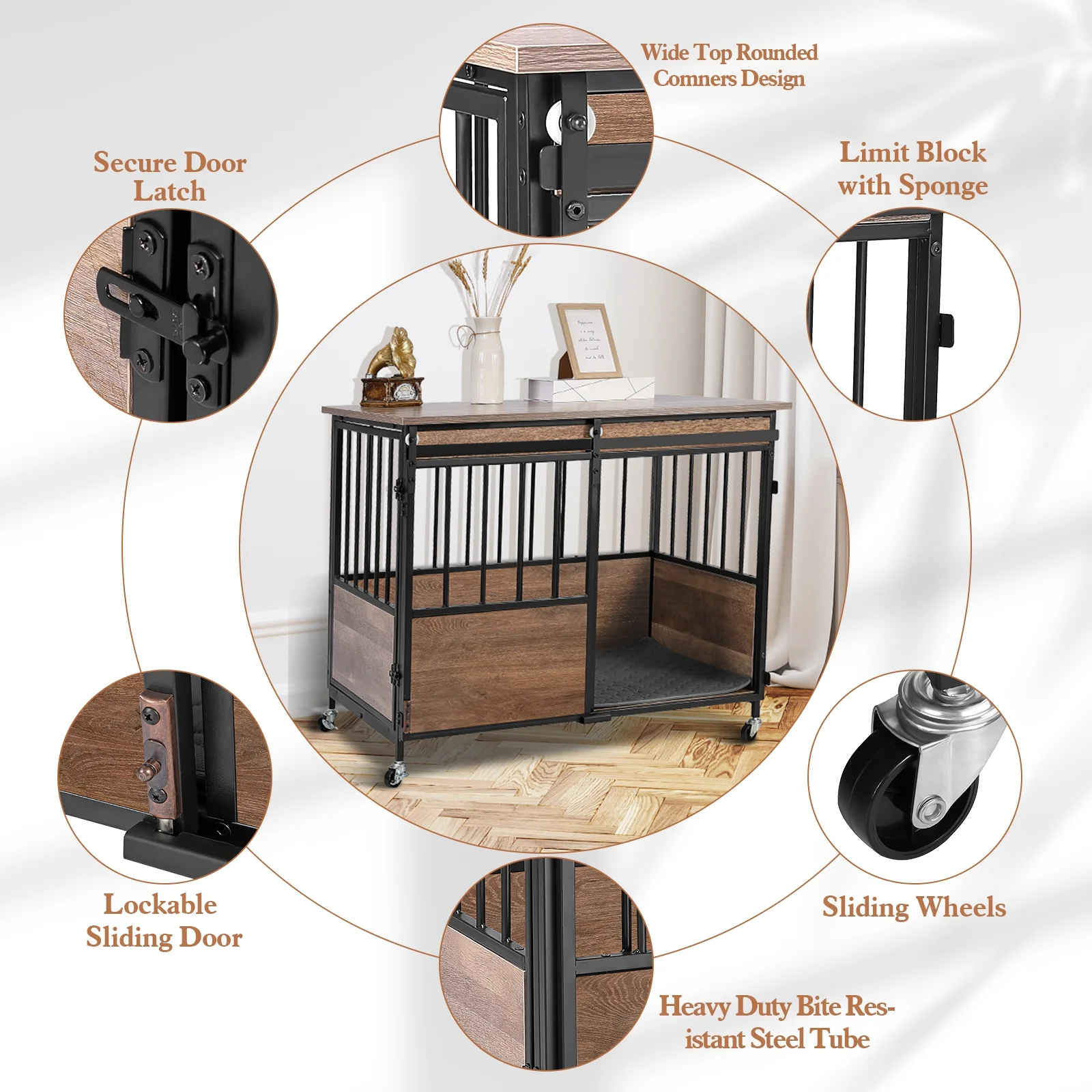 Aotiyer Dog Crate Furniture, 36" L Wooden Dog Kennel with Cushion, End Table, Anti-Chew Heavy-Duty Dog Kennel with Double Doors for Medium/Large Dogs