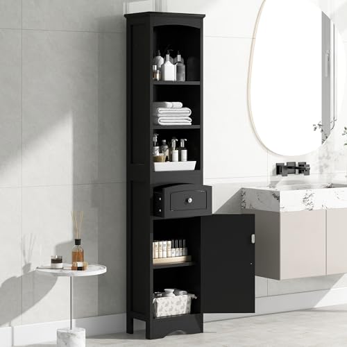 Tall Bathroom Cabinet,Narrow Storage Cabinet,Wooden Bathroom Cupboard with Door and Adjustable Shelf,Three Tier Shelves,Tall Slim Cabinet