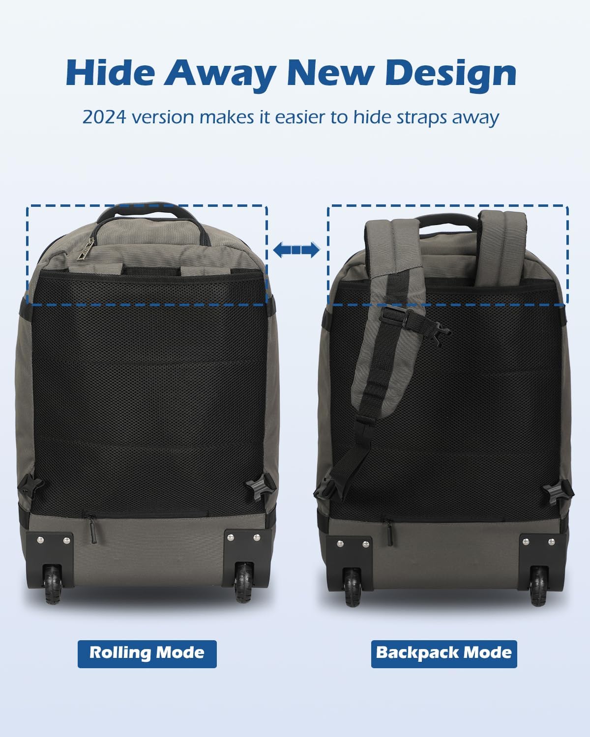 Hynes Eagle 42L Rolling Backpack Wheeled Backpack Flight Approved Travel Backpack Carry on Luggage Navy Blue with Grey