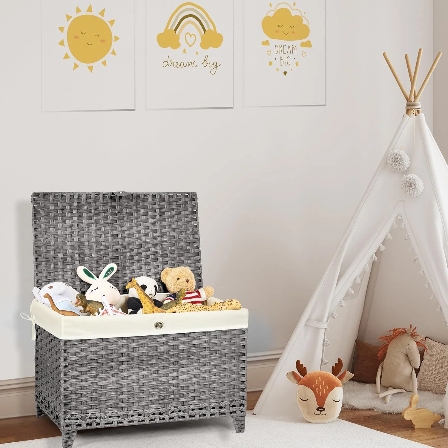 Wicker Storage Basket with Lid,Rattan Shelf Basket with Removable Liner Bag,160L Storage Bin,Storage Trunk with Heightened Feet