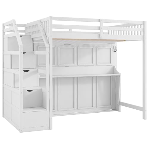 Merax Queen Size Murphy Bed, Wooden Queen Murphy Bed Wall Bed with Sofa and Cushion, for Home Office or Small Room, White