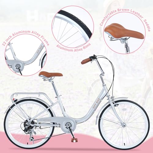 26 Inch Womens Beach Cruiser Bike 7 Speed，Hybrid Bike Women，Womens Commuter Bicycle，High-Carbon Steel Frame，Anti-Skid Tires，Multiple Colors