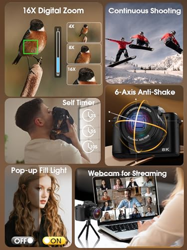 8K Digital Camera, 88MP Cameras for Photography with WiFi & Touch Screen, 16X Zoom Vlogging Camera for YouTube Video, Autofocus & Anti-Shake