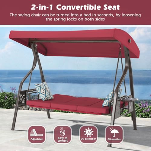 3-Seat Outdoor Porch Swing with Stand, Patio Swing with Canopy
