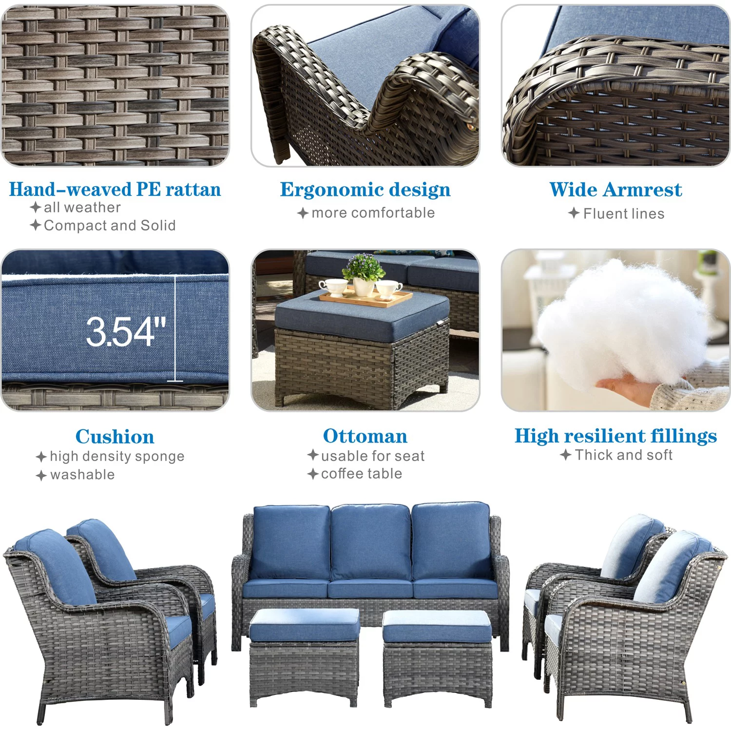Ovios High-Back Patio Furniture 7 Pieces Outdoor Conversation Set Wicker Rattan Sectional Sofa for Backyard
