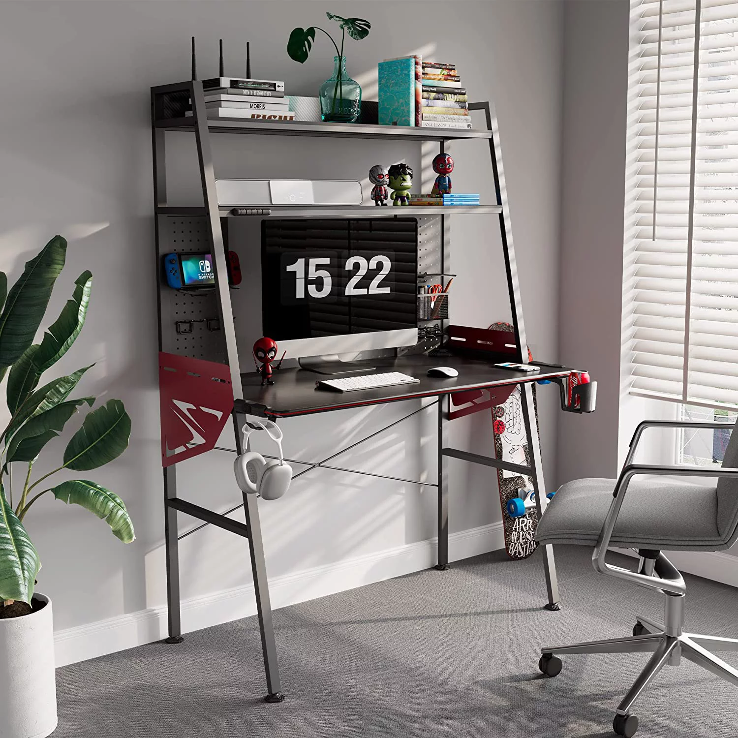 KHBIULIFE ERGONOMIC LED Gaming Desk with Shelves  Dual Pegboards  43''