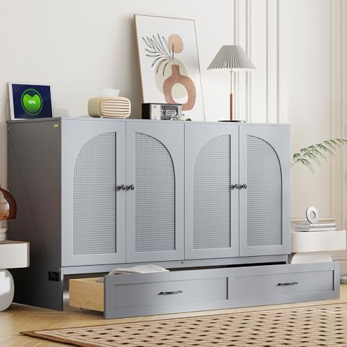 Harper & Bright Designs Queen Size Murphy Bed Cabinet Wall Bed Chest with USB, Charging Station and Large Storage Drawer for Home Office (White)