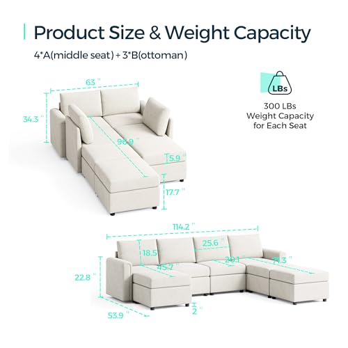LINSY HOME Modular Sectional Sofa, Convertible U Shaped Sofa Couch with Storage, Memory Foam, Modular Sectionals with Ottomans