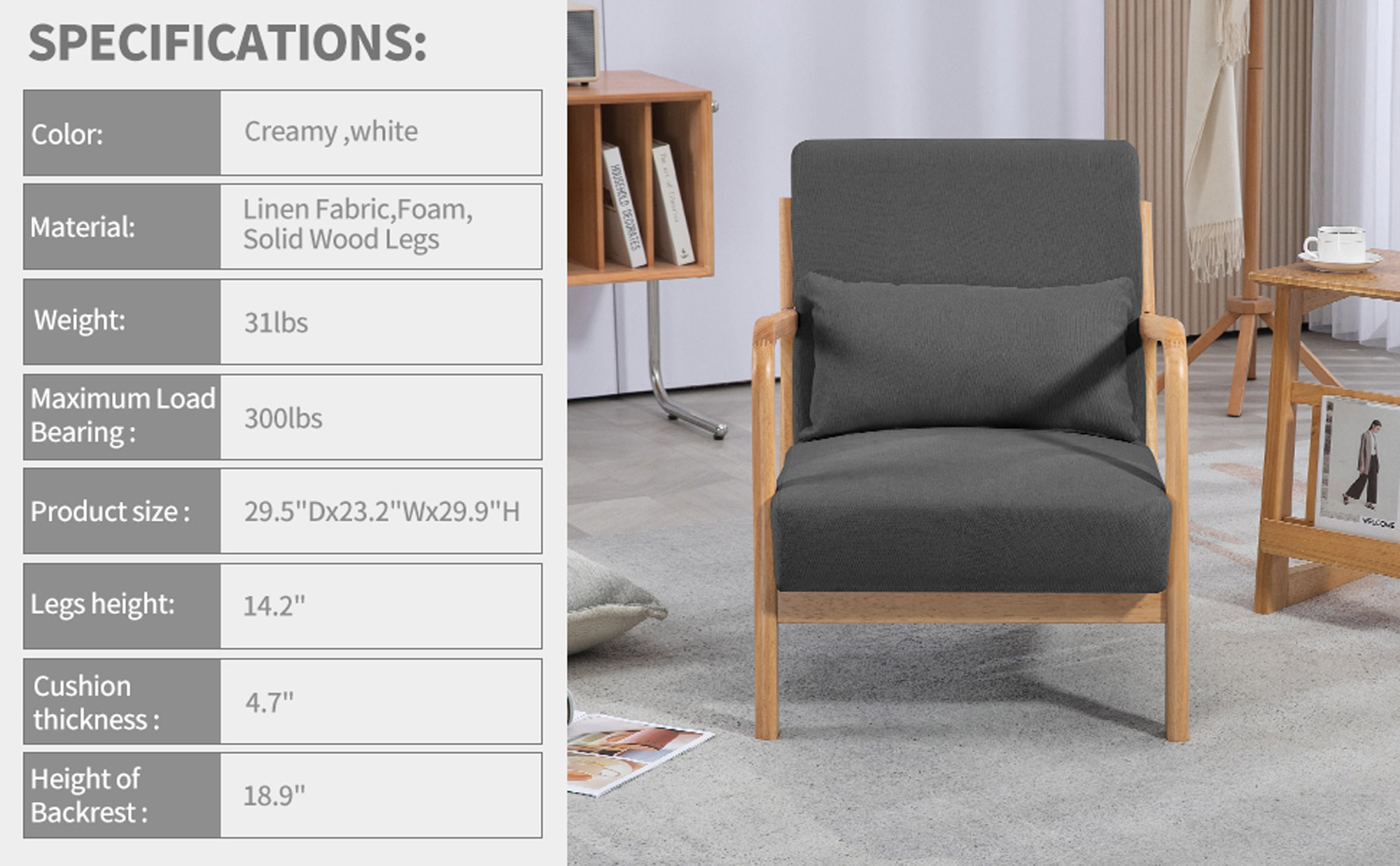 BIGWOO Leisure Sofa with Solid Wood Armrest Modern Chair, Single Seat Dark Gray